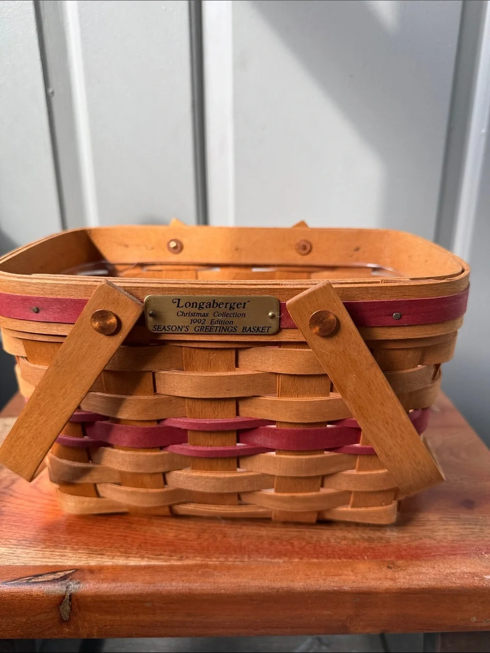 Longaberger Natural and Burgundy Holiday Basket with Brass Plaque